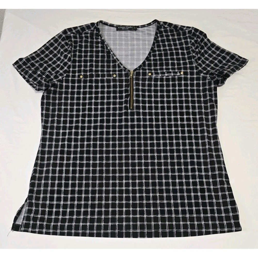 Knapp Studios Women's Large Blouse Black/White‎ Checkered Short-Sleeve